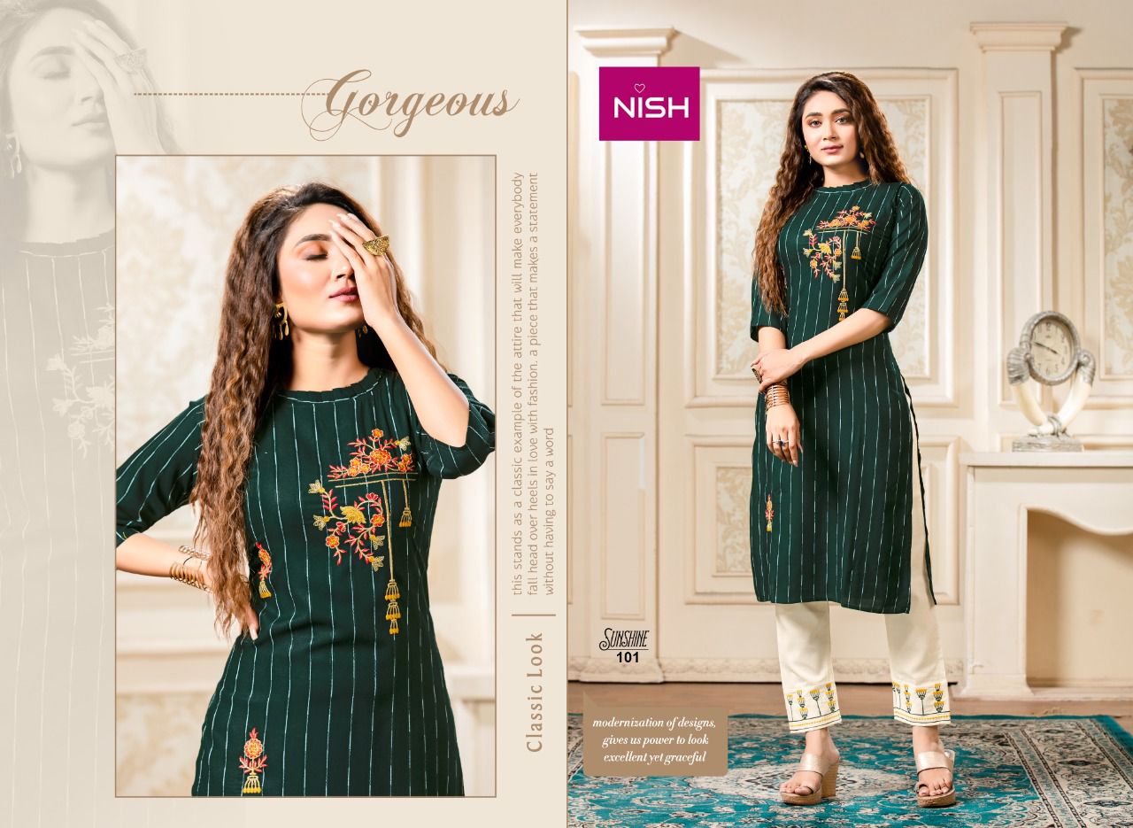 Nish Sunshine Latest Fancy Ethnic Wear Rayon Kurti With Bottom Collection